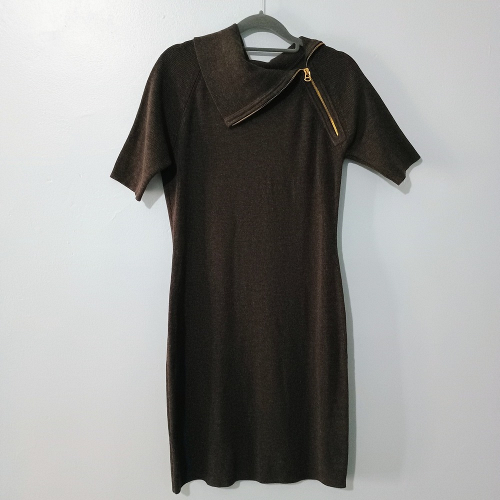Calvin Klein Womens Brown Ribbed Knit Sweater Dress Size Small Zipper Cowl Neck